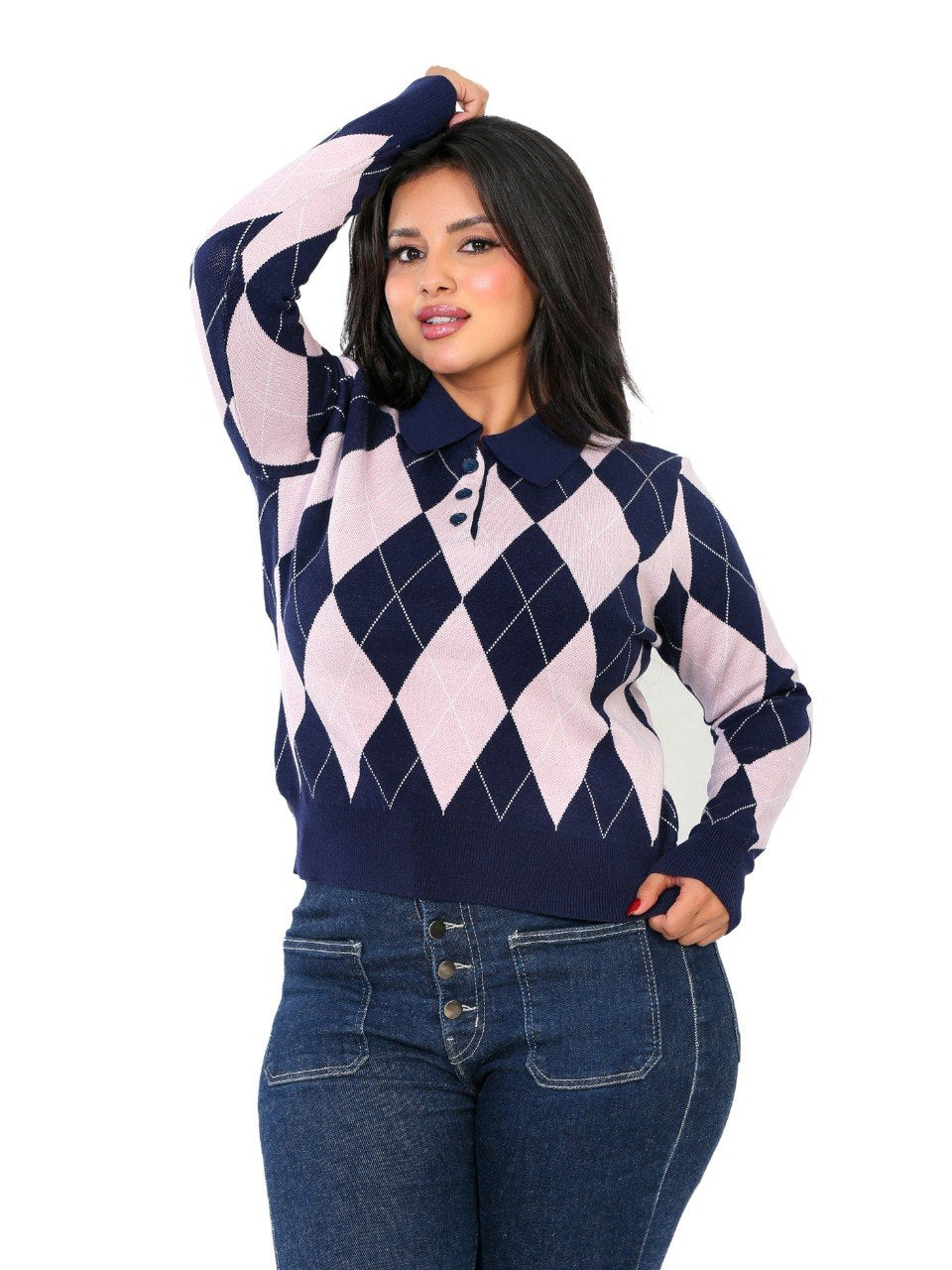 Argyle Diamond Polo Blouse - Navy