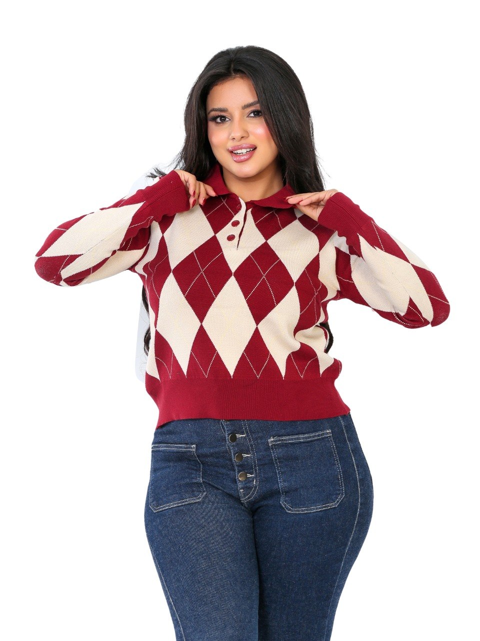 Argyle Diamond Polo Blouse - Red