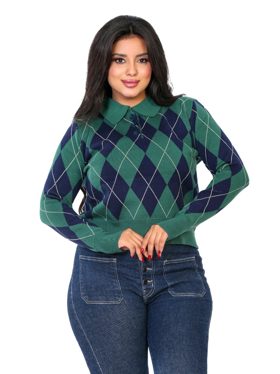 Argyle Diamond Polo Blouse - Dark Green