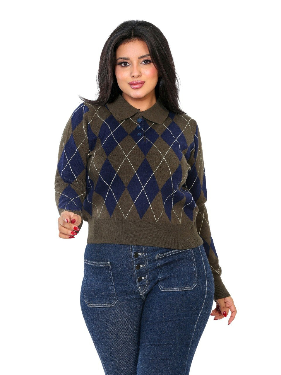 Argyle Diamond Polo Blouse - Olive