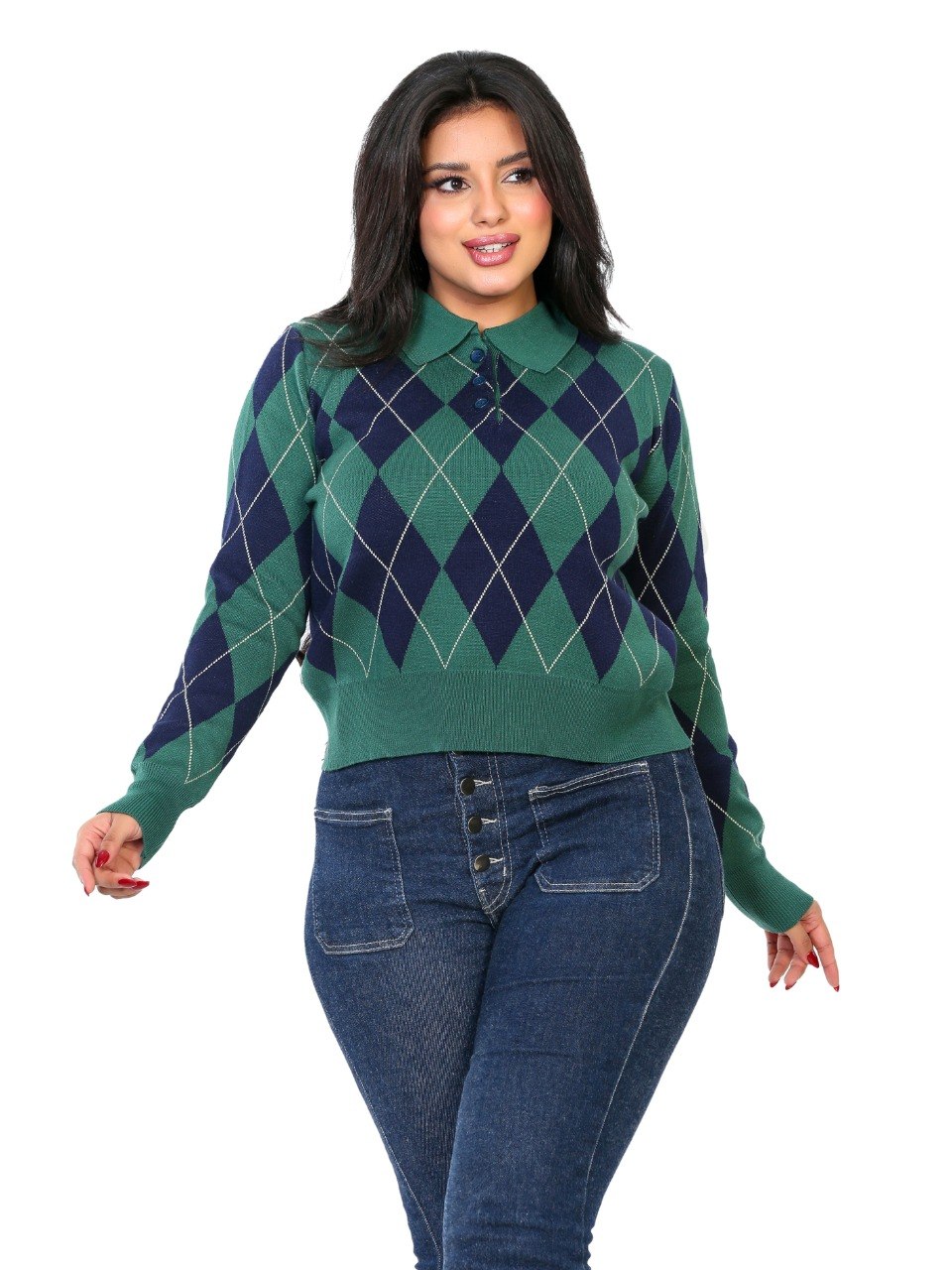 Argyle Diamond Polo Blouse - Dark Green