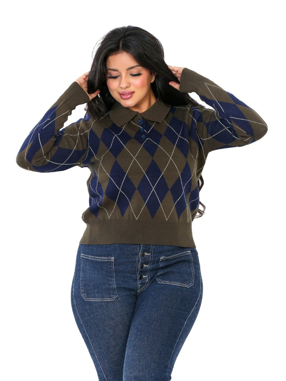 Argyle Diamond Polo Blouse - Olive