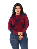 Bow Print Knit Blouse - Burgundy