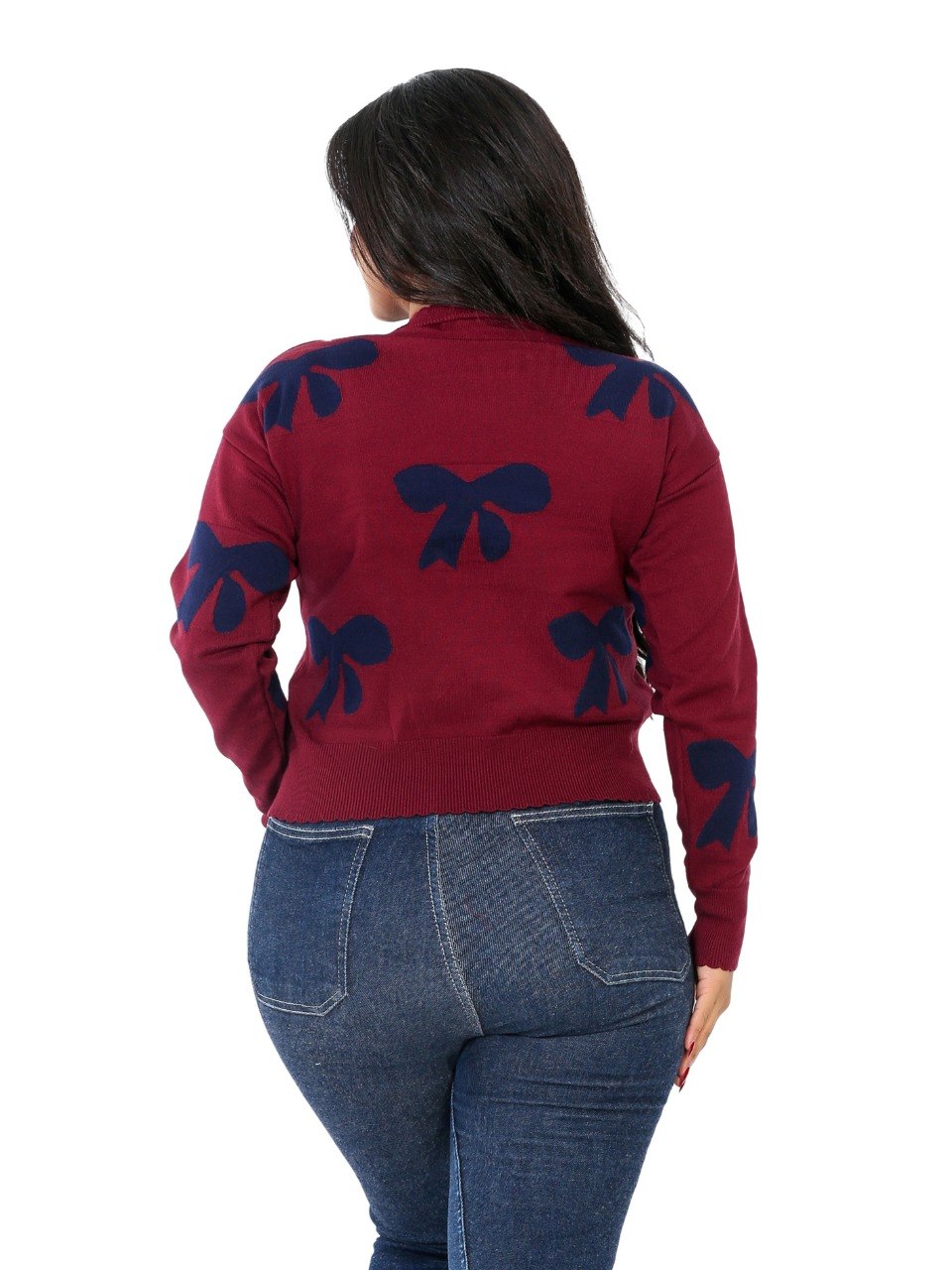 Bow Print Knit Blouse - Burgundy