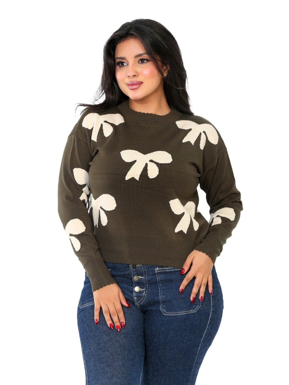 Bow Print Knit Blouse - Olive