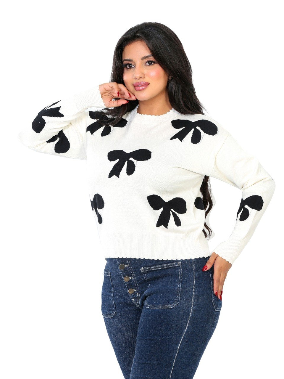 Bow Print Knit Blouse - Off White