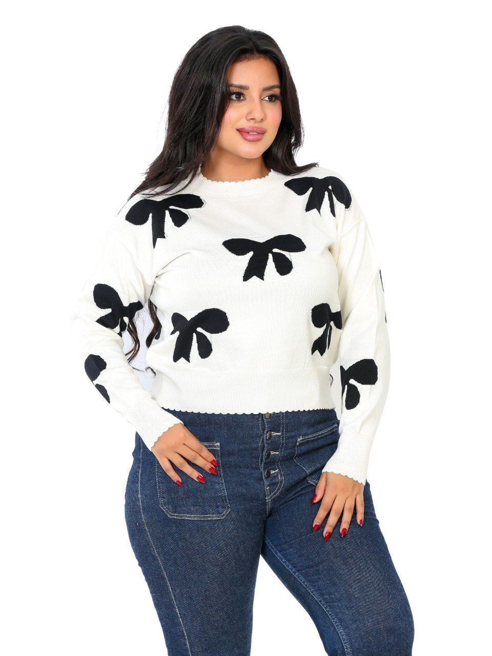 Bow Print Knit Blouse - Off White
