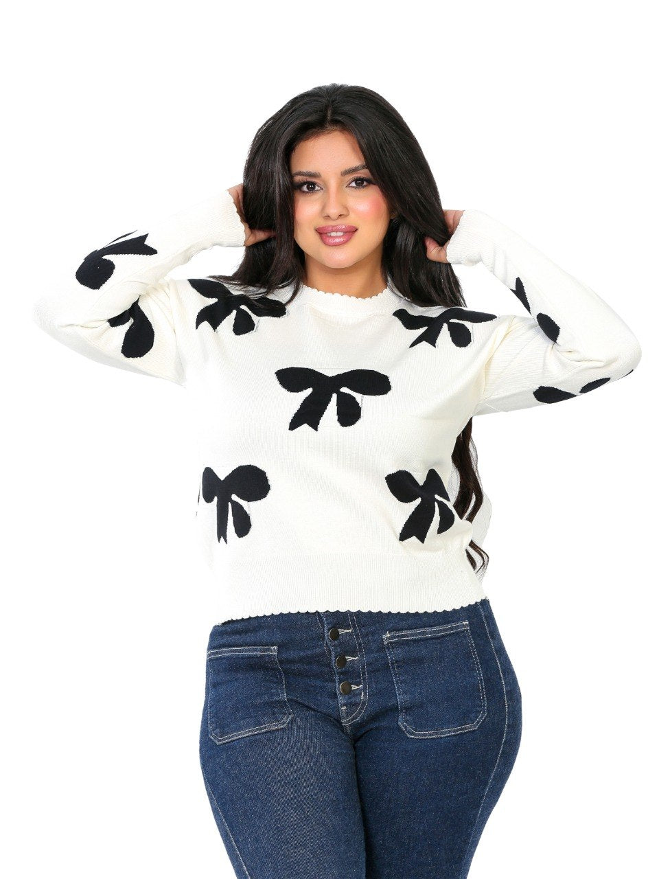 Bow Print Knit Blouse - Off White