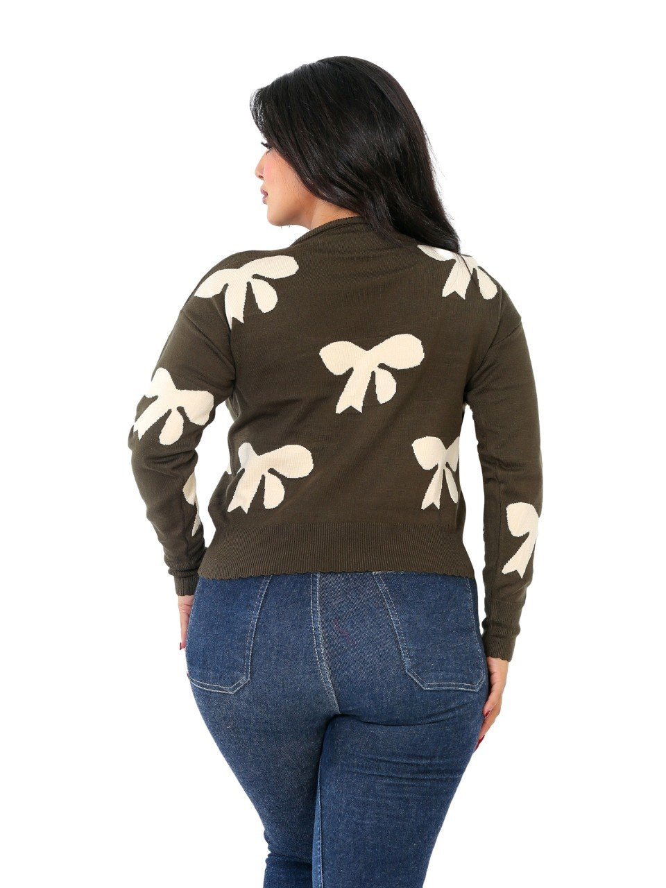 Bow Print Knit Blouse - Olive