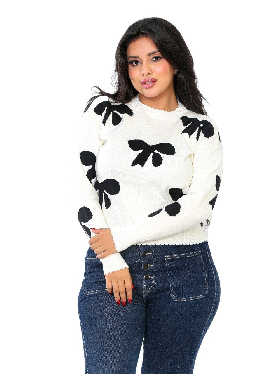 Bow Print Knit Blouse - Off White