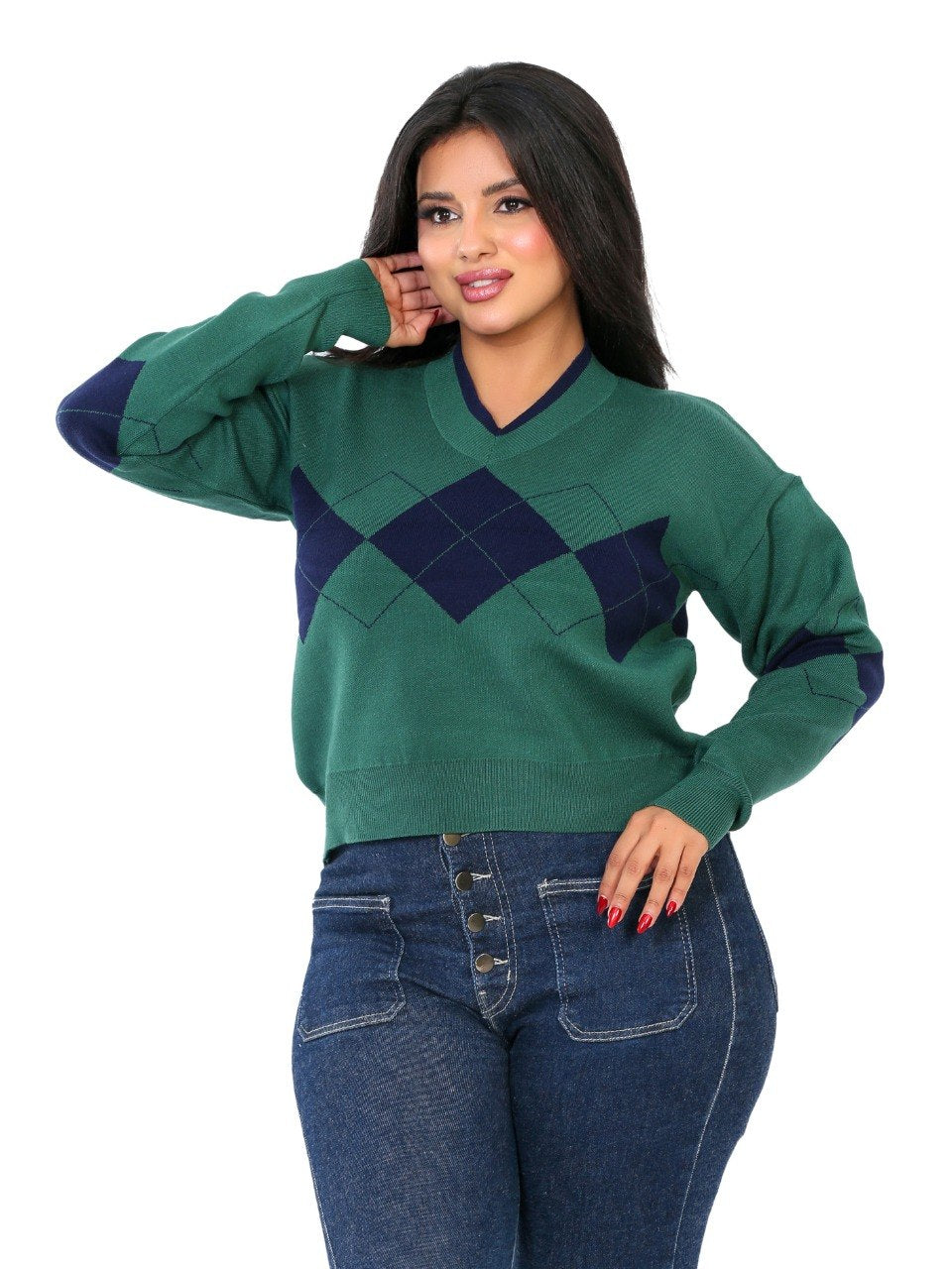 V-Neck Argyle Knit Blouse - Dark Green