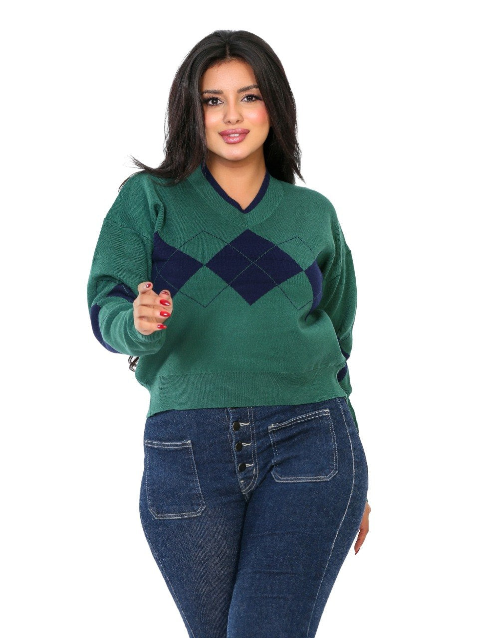 V-Neck Argyle Knit Blouse - Dark Green