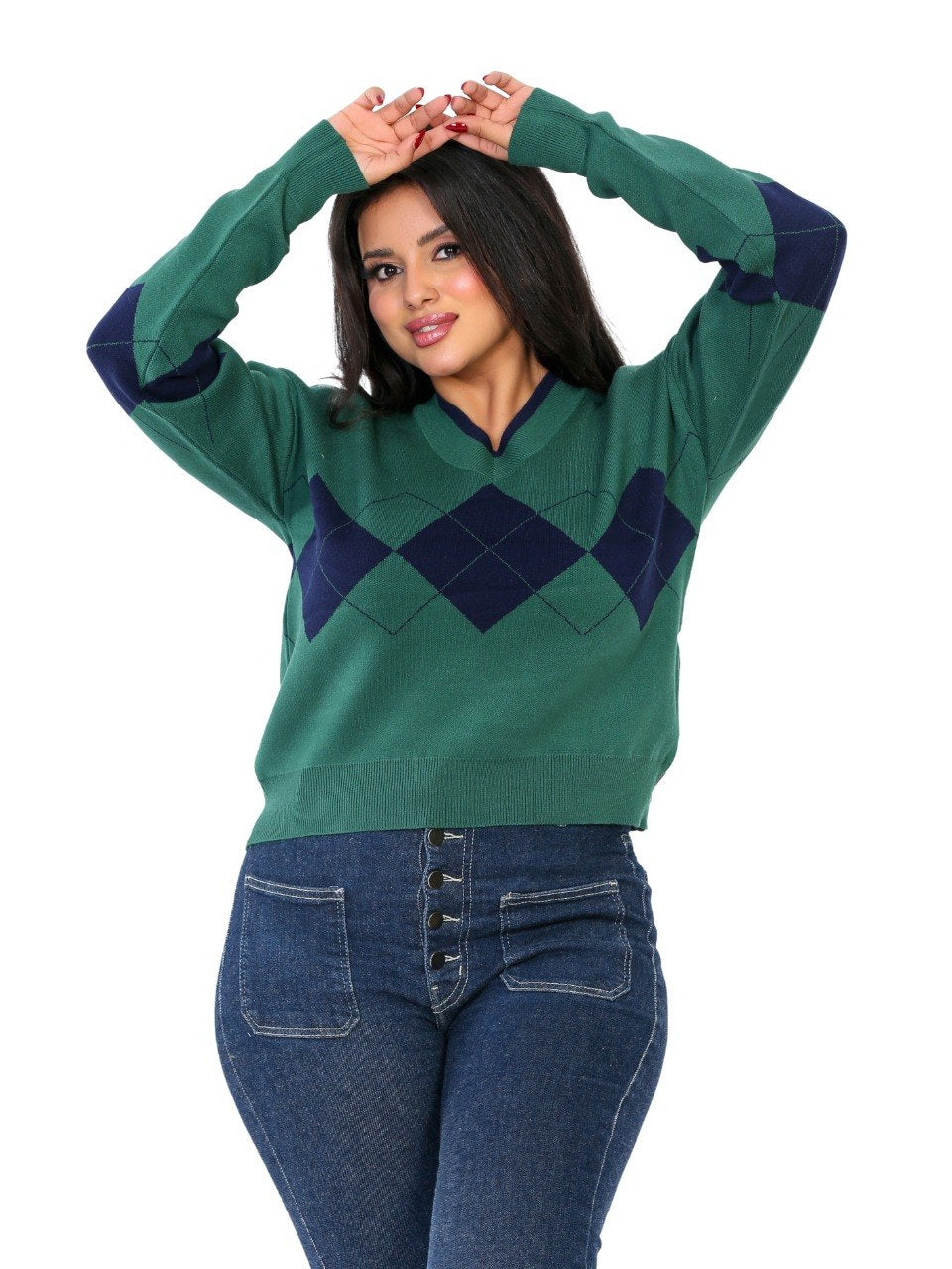 V-Neck Argyle Knit Blouse - Dark Green