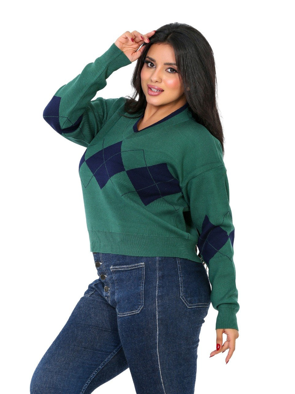 V-Neck Argyle Knit Blouse - Dark Green