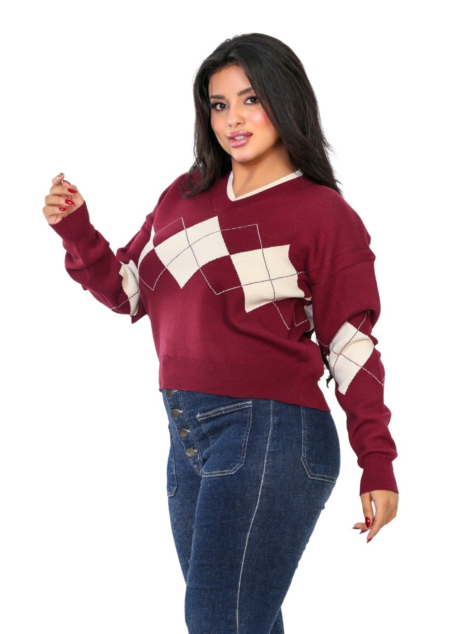 V-Neck Argyle Knit Blouse - Burgundy