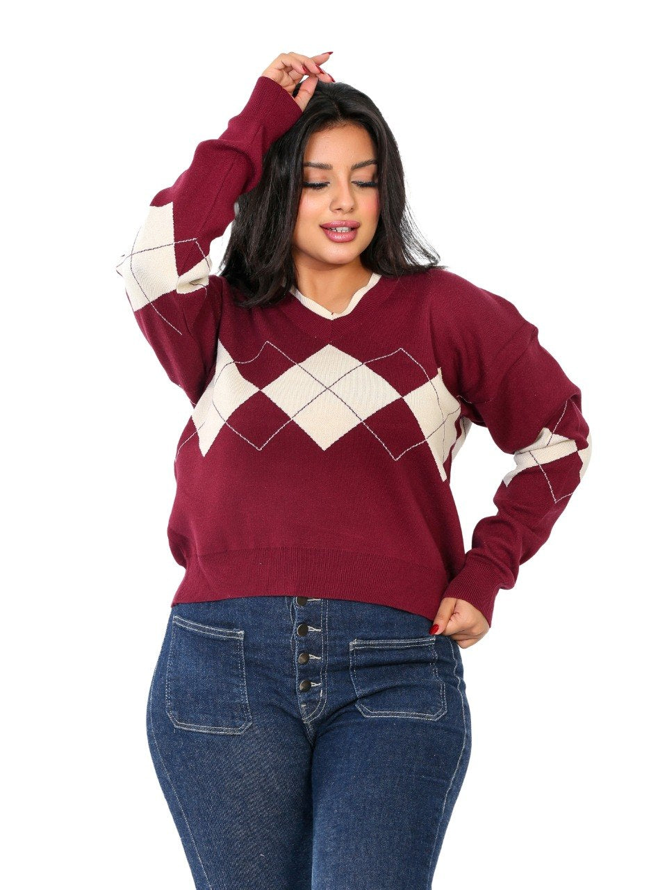 V-Neck Argyle Knit Blouse - Burgundy