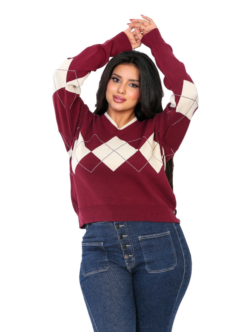 V-Neck Argyle Knit Blouse - Burgundy