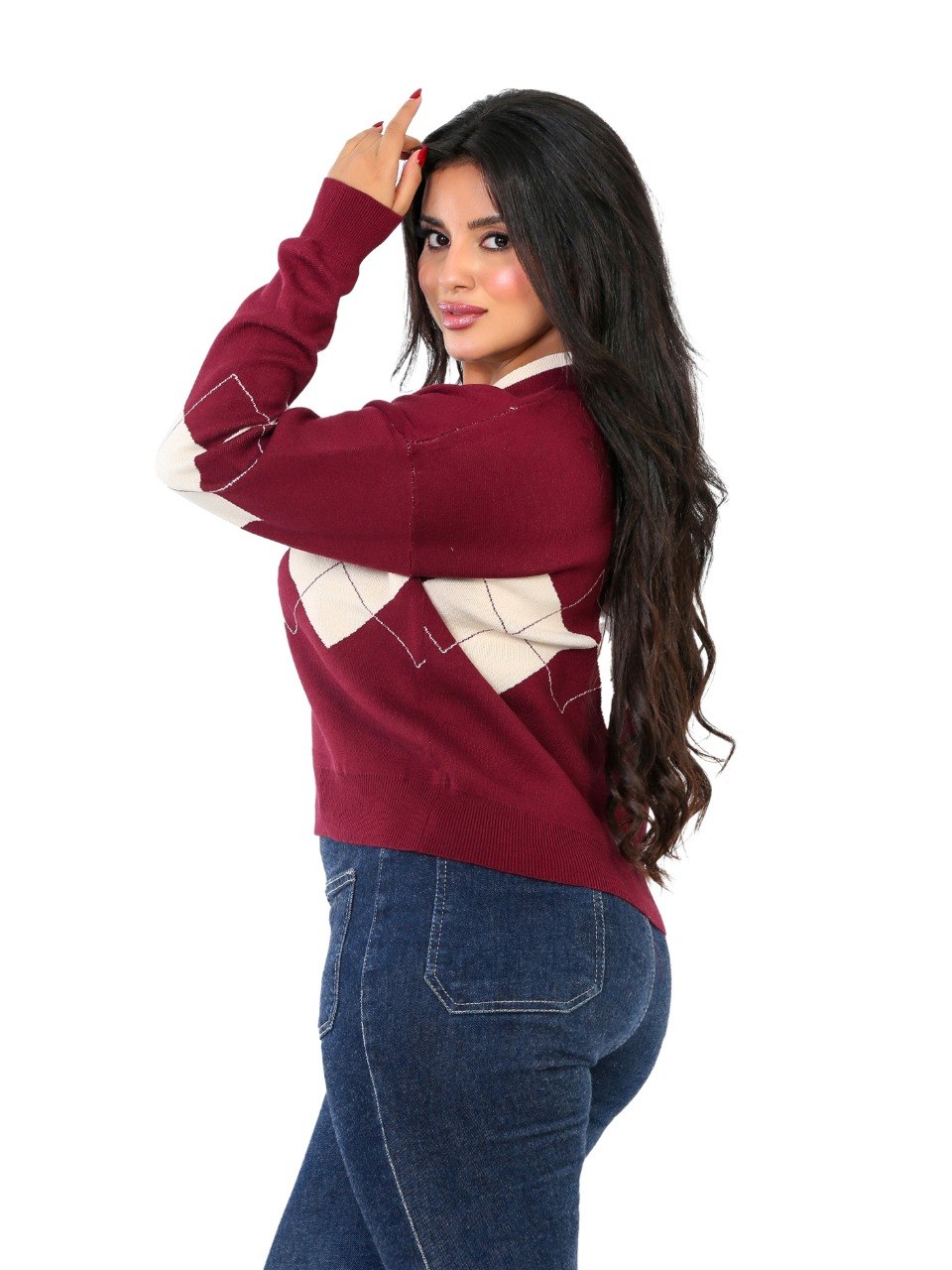 V-Neck Argyle Knit Blouse - Burgundy