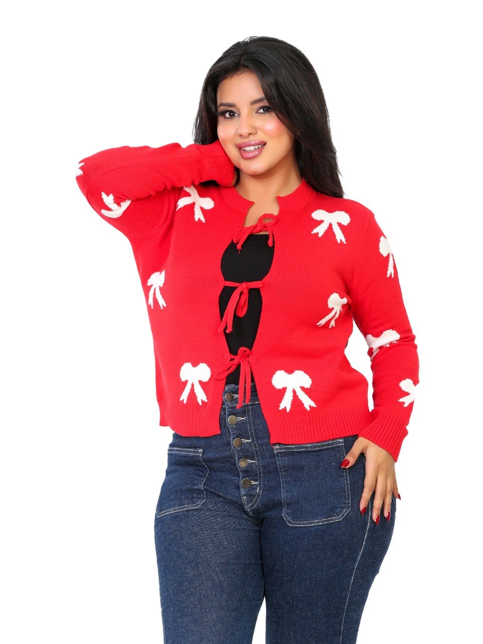 Tie Front Bow Cardigan Blouse - Red