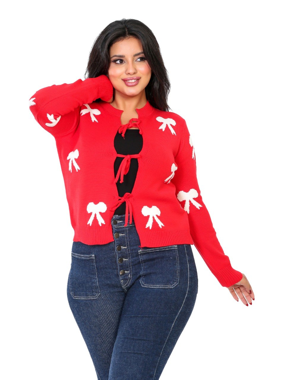 Tie Front Bow Cardigan Blouse - Red