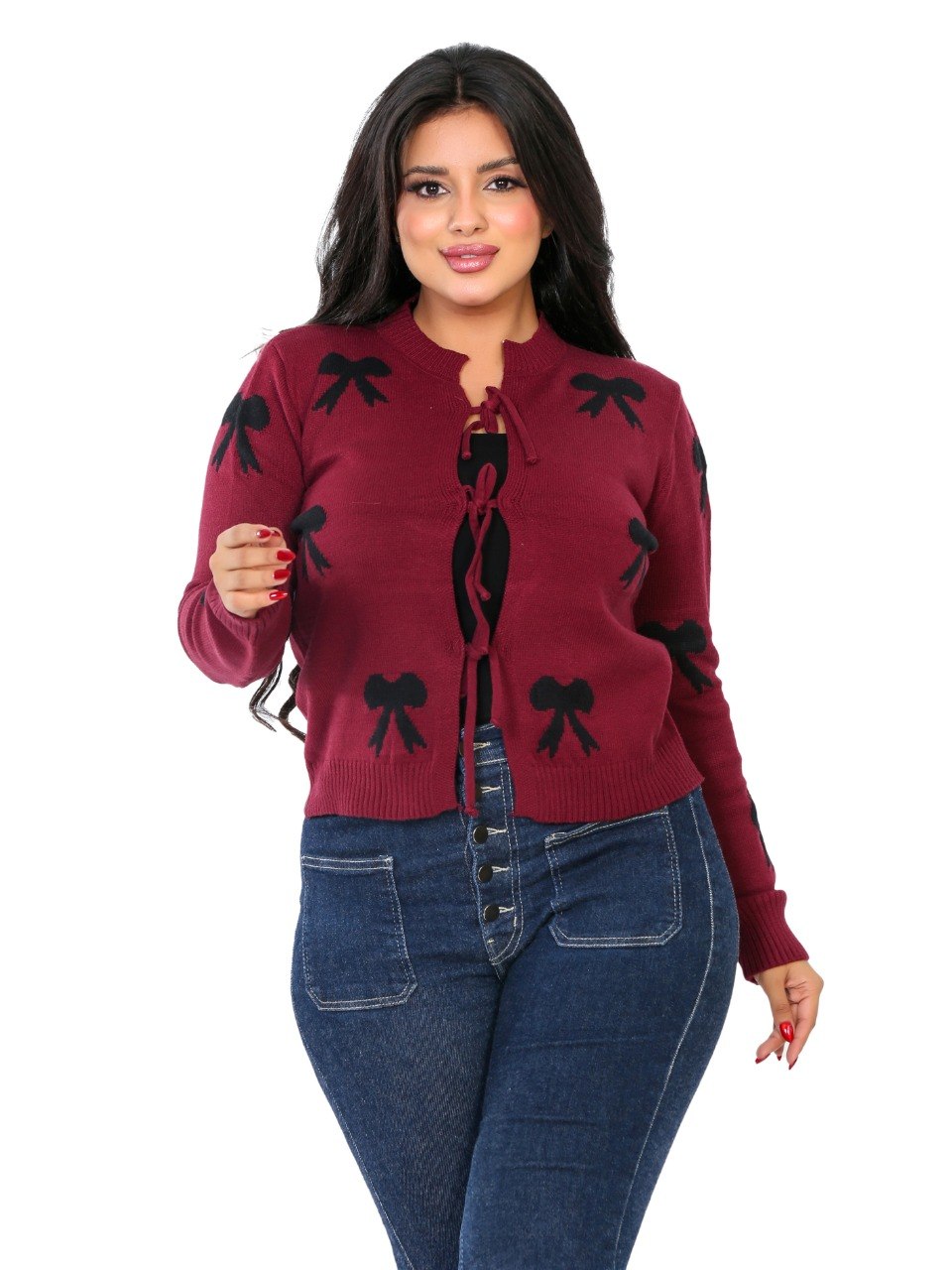 Tie Front Bow Cardigan Blouse - Burgundy