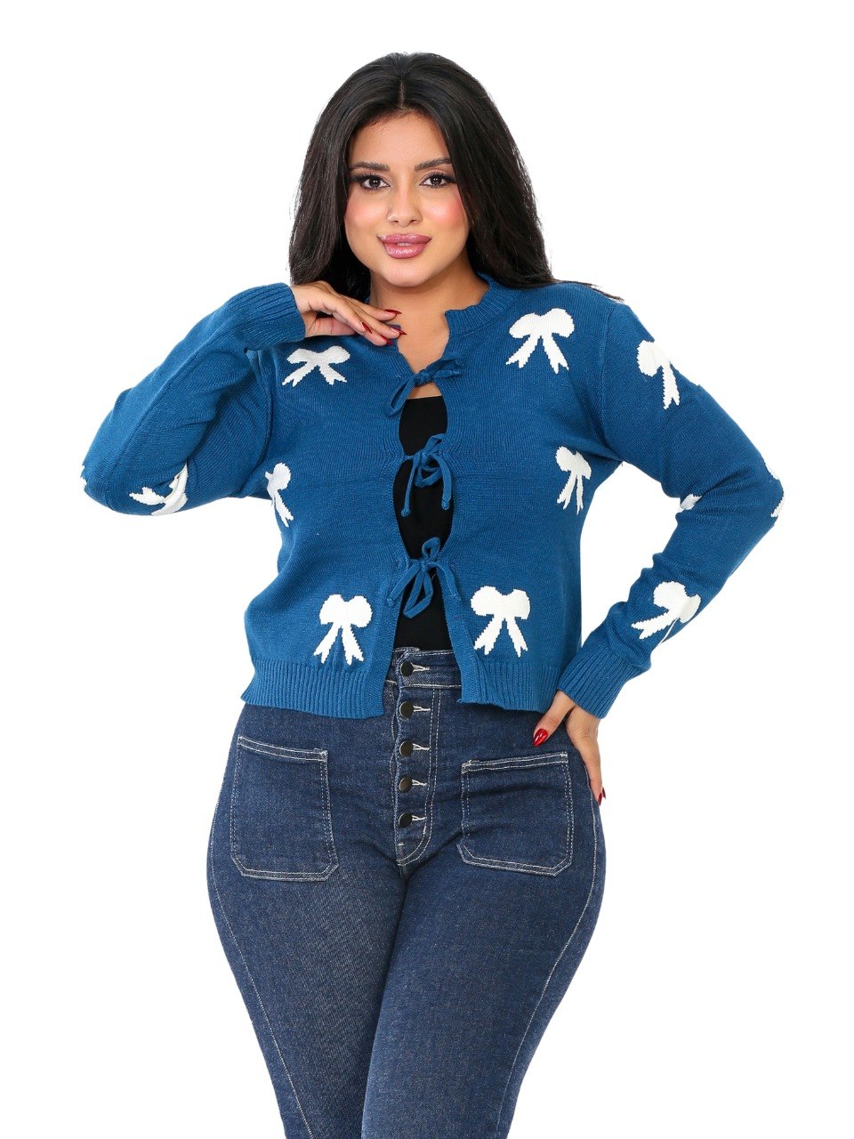 Tie Front Bow Cardigan Blouse - Blue