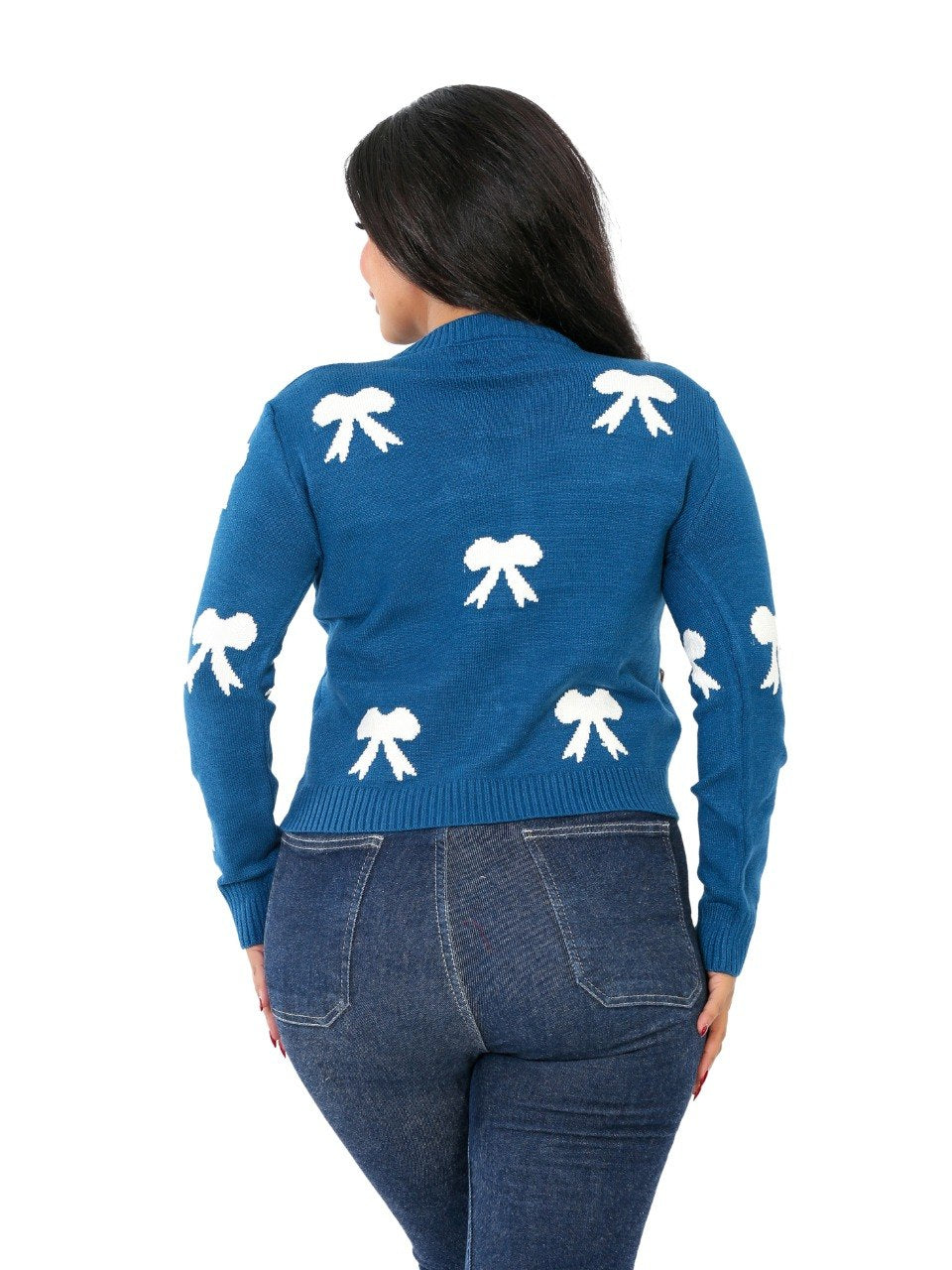 Tie Front Bow Cardigan Blouse - Blue