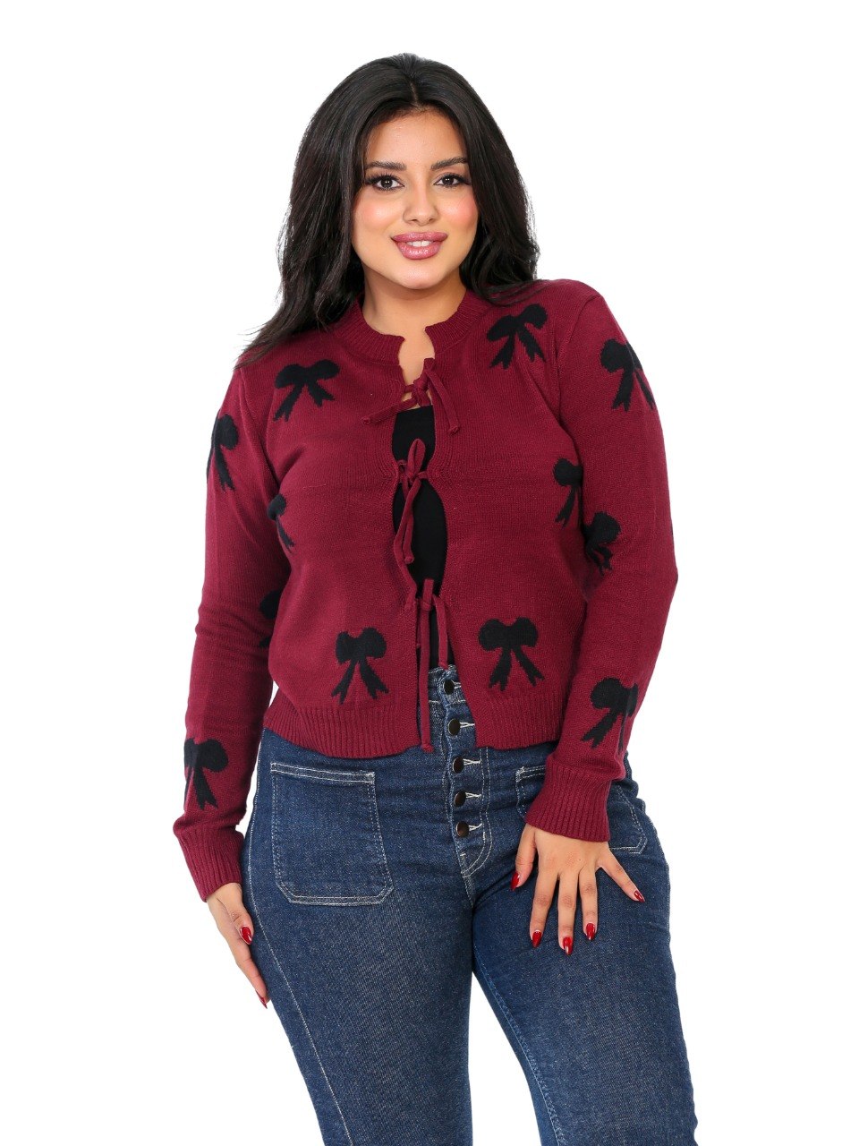 Tie Front Bow Cardigan Blouse - Burgundy